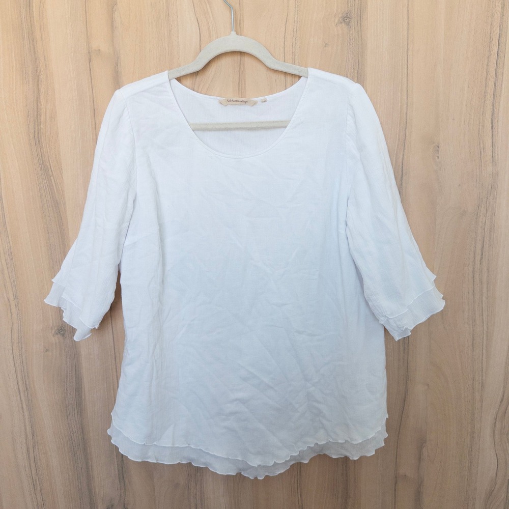 Soft Surroundings Womens Gauze Top XL White Ruffle Layered Cotton Coastal Airy